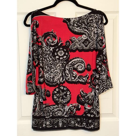 Cache Red & Black Versailles Pattern Tunic Top Blouse Split 3/4 Sleeves (Small) - Picture 3 of 4
